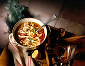 Stew with white beans, fennel and tomatoes and red wine on table