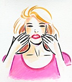 Illustration of woman wearing pink top with fingers placed on the corner of her mouth