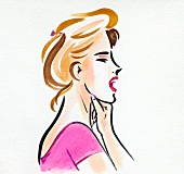 Illustration of side view of woman with fist against neck and mouth open 