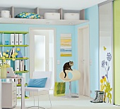View of workplace with pastel coloured walls made in corridor with cat on cat tree