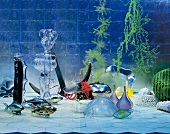Room decorated with shades of blue still life under water, digital composite
