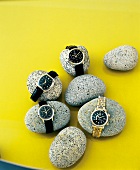 Vier elegante Armbanduhren platziert auf Steinen