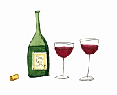 Illustration: Zwei Weingläser neben einer Rotweinflasche.