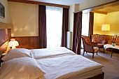 Bedroom of hotel with double bed, Germany