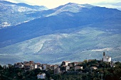 View of Poggio de Venaco village between mountains in Corsica, France