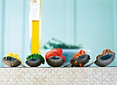 Couscous, Petersilienpüree, Tomaten, Ratatouille, Auberginenkompott