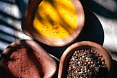 Various spices, curry and pepper in clay bowls, Mauritius