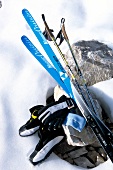 Ski poles, ski boots and gloves, equipment for Nordic skiing
