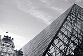 Close-up of glass pyramid construction at Louvre Museum, Paris, France