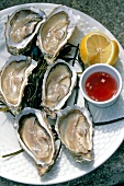 Fresh oysters with slice of lemon on plate