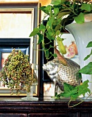Grüner Pfeffer im Glas neben einer Vase mit Efeu und Nepenthes.