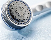 Close-up of a gray and blue coloured shower head with water dripping from it