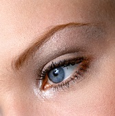Close-up of gray eyed woman wearing silver eye shadow and mascara