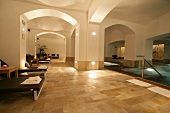 Swimming pool and loungers in Boscolo carlo IV Hotel in Prague, Czech Republic, Germany