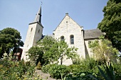 Low angle view of church and garden