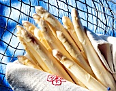 Close-up of white peeled asparagus wrapped in a kitchen towel
