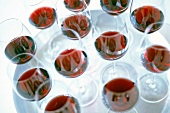 Red wine glasses on tray