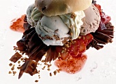 Close-up of ice burger with fresh hot strawberries and chocolate chips on white background