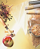 Ingredients for strudel - elderberries, cinnamon, apple and hazelnuts