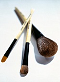 Close-up of cosmetic brush for blush and eye shadow on white background