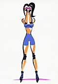 Illustration of woman standing on skating track with dumbbells doing butterfly exercise