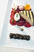 Close-up of sturgeon with caviar and beetroot at Baltschug Kempinski Hotel, Moscow