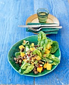 Salad with mango and cucumber on plate