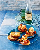 Bruschetta with bread, shrimp and tomato