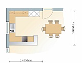 Illustration: Küche mit Theke, Spüle einem Kühlschrank und Backofen