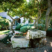 Ancient stone fountains under trees in the Ca Xorc Hotel