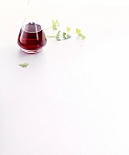 Wine carafe with red wine and parsley on white background