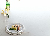 Plate of tajarins with ragout of lobster and champagne on white background, copy space