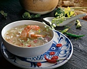 Spicy noodle soup with shrimp in bowl