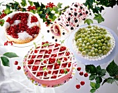 Currant pie, cherry pie, gooseberry pie and jelly roll on white background