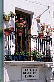 Flowers on balcony of cafe bar in Mojacar, Almeria, Spain
