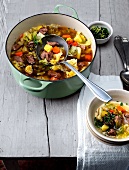 Irish stew with savoy cabbage in cooking vessel