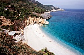 View of coastal cliffs and the beach at Tsagkarada-Milopotamos in Pelion, Greece