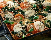 Wholemeal pizza with spinach, tomatoes, mozzarella and sunflower seeds on serving plate