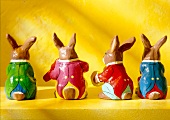 Close-up of colourful Easter bunnies made of paper mache