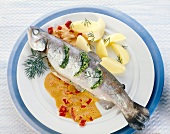 Close-up of stuffed trout with peppers, almonds and potatoes on serving dish