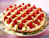 Close-up of strawberry cake with vanilla cream