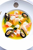 Close-up of shellfish stew with mussels, lobster and vegetables