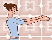 Illustration: Frau streckt ihre Arme gerade von sich, Übung für Nacken