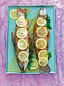 Two meuniere with lemon slices and parsley on tray