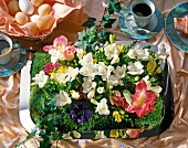 Blüten-Tablett aus Tulpen, Anemonen, Ranunkeln, Freesien, Efeu und Moss