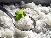 Close-up of ice crystals with mint on spoon