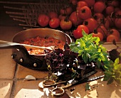 Kräuter und Knoblauch; Frische Zutaten + Tomatensauce in Pfanne