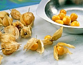 Physalis being removed from shell an kept in steel bowl