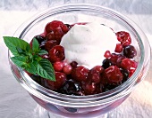 Red fruit jelly with mixed berries, topped with whipped cream and lemon balm