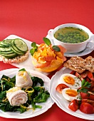 Plaice rolls with spinach, egg and tomato and snacks